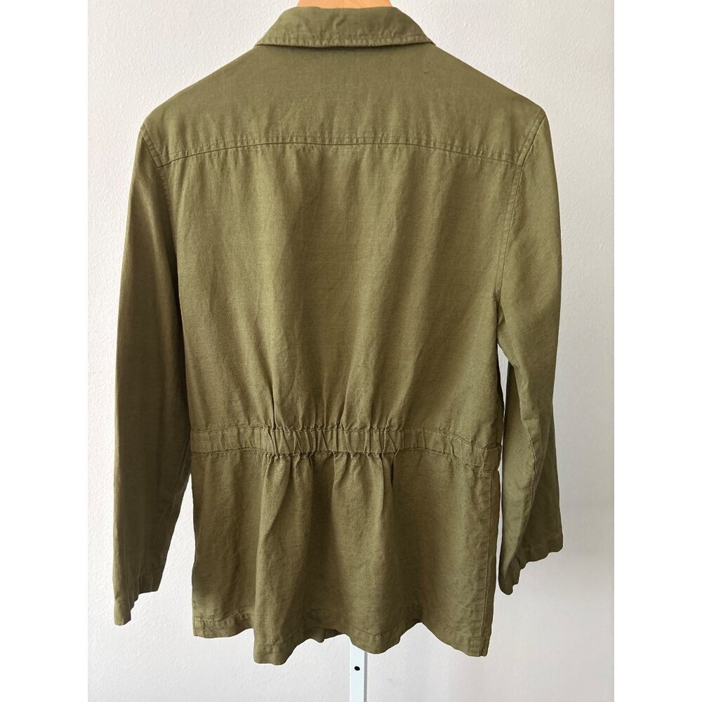 Nicole Miller Jacket M Linen Lyocell Utility Olive Green Cinched Waist Military - Picture 2 of 10